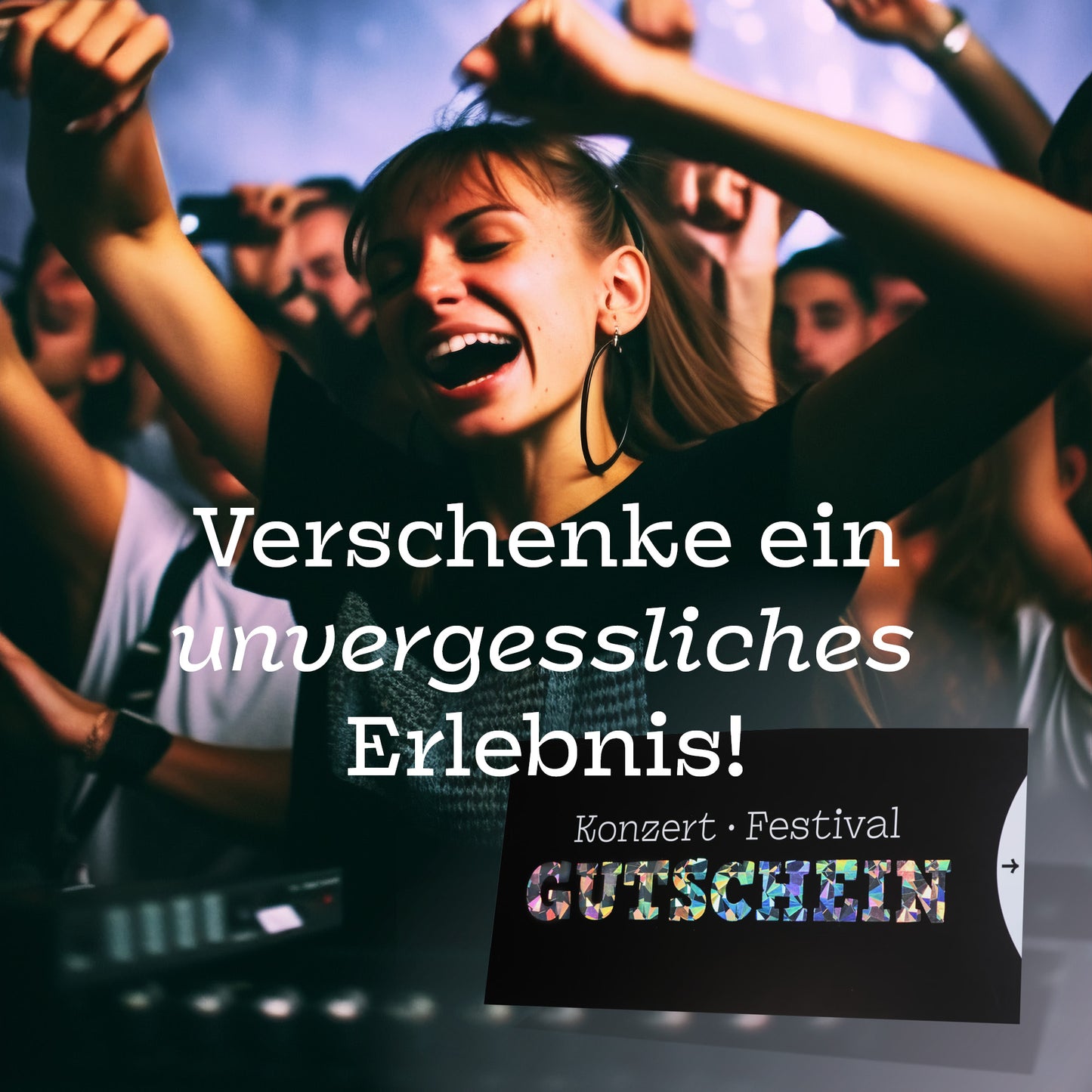 Junge Frau tanzt glücklich auf Konzert mit Gutschein für unvergessliches Erlebnis im Vordergrund.