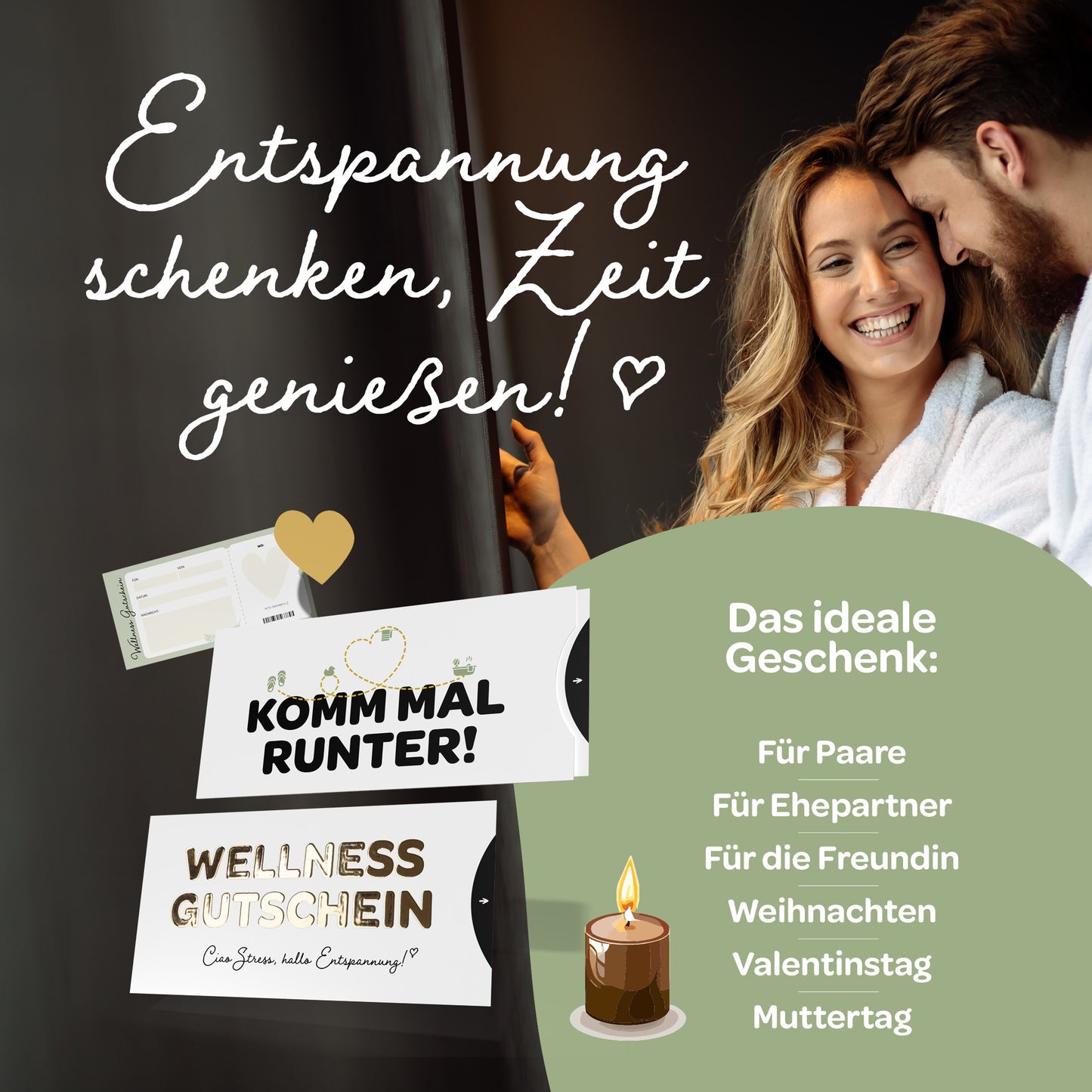 Wellness Gutschein im stilvollen Design, ideal für Geschenke zu Anlässen wie Valentinstag und Muttertag.