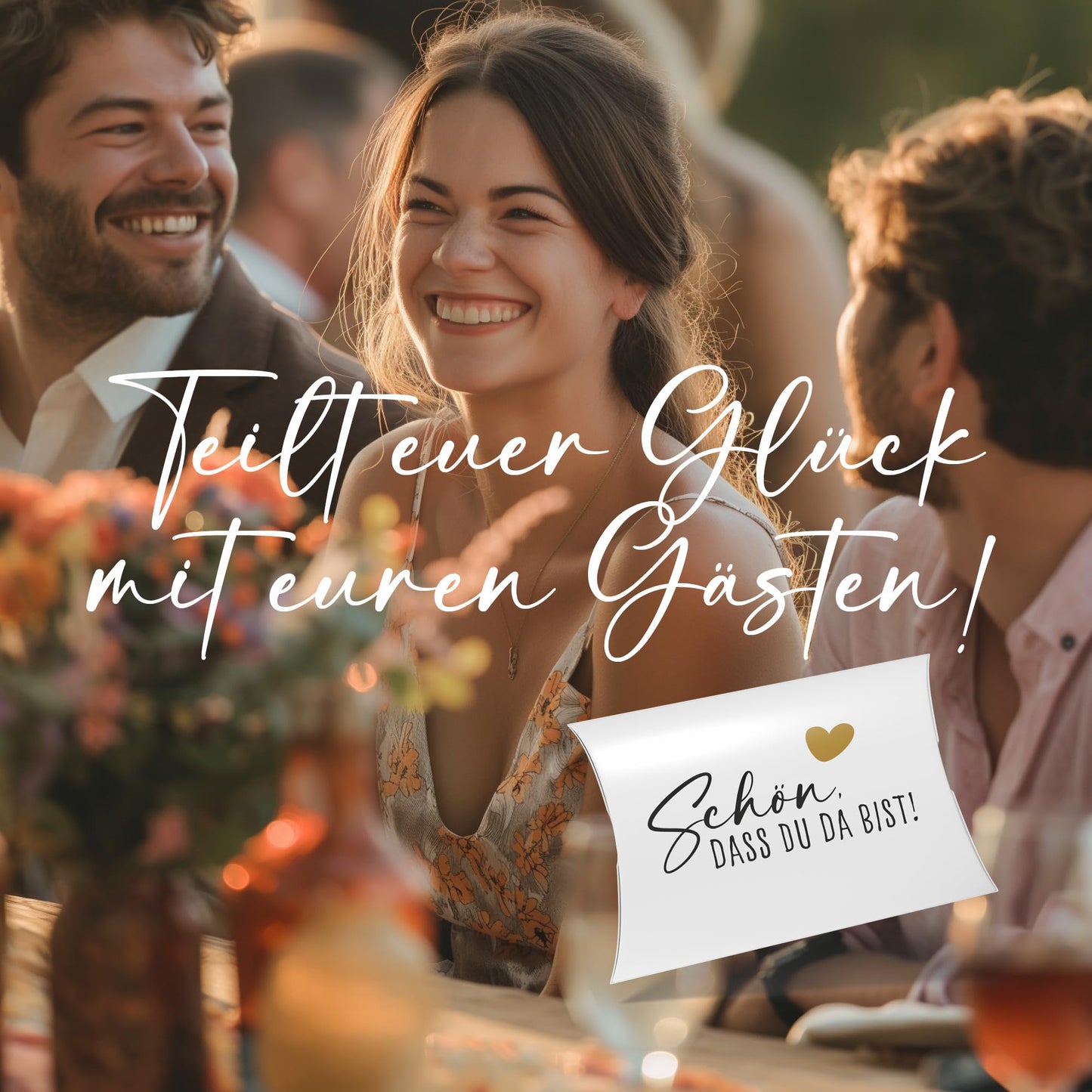 Freudige Gäste bei einer Feier mit der Aufschrift 'Schön, dass du da bist' auf einer Kissenschachtel.