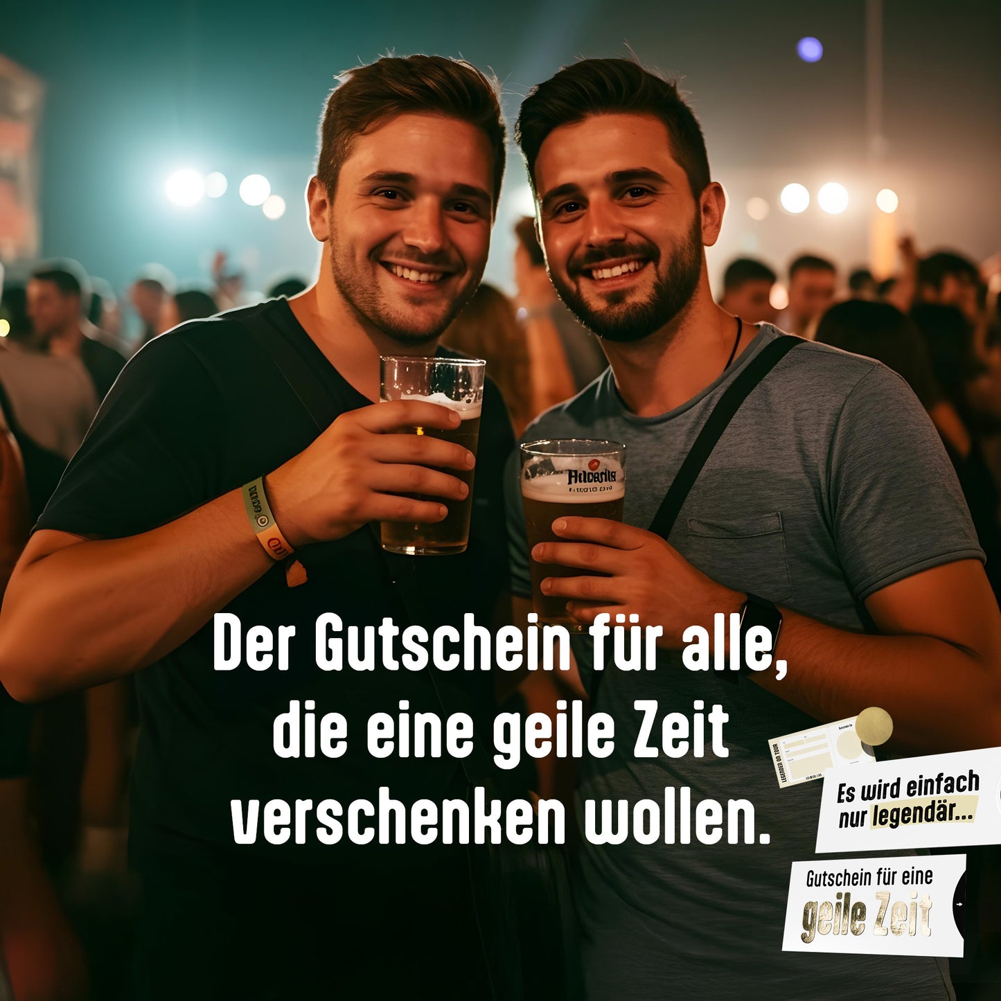 Geile Zeit Gutschein zum selber ausfüllen, Karte mit Golddruck, Schuber und Rubbelaufkleber, DIN lang bei einem Festival.