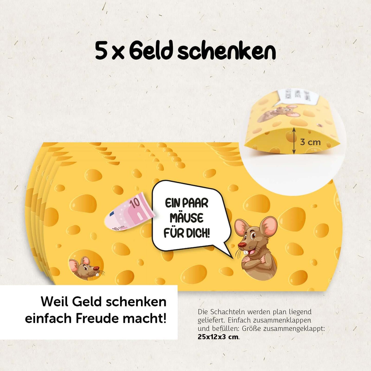 Geldgeschenk Verpackung "Ein paar Mäuse für dich" im Käse-und-Mäuse-Design, Set mit 5 Stück.