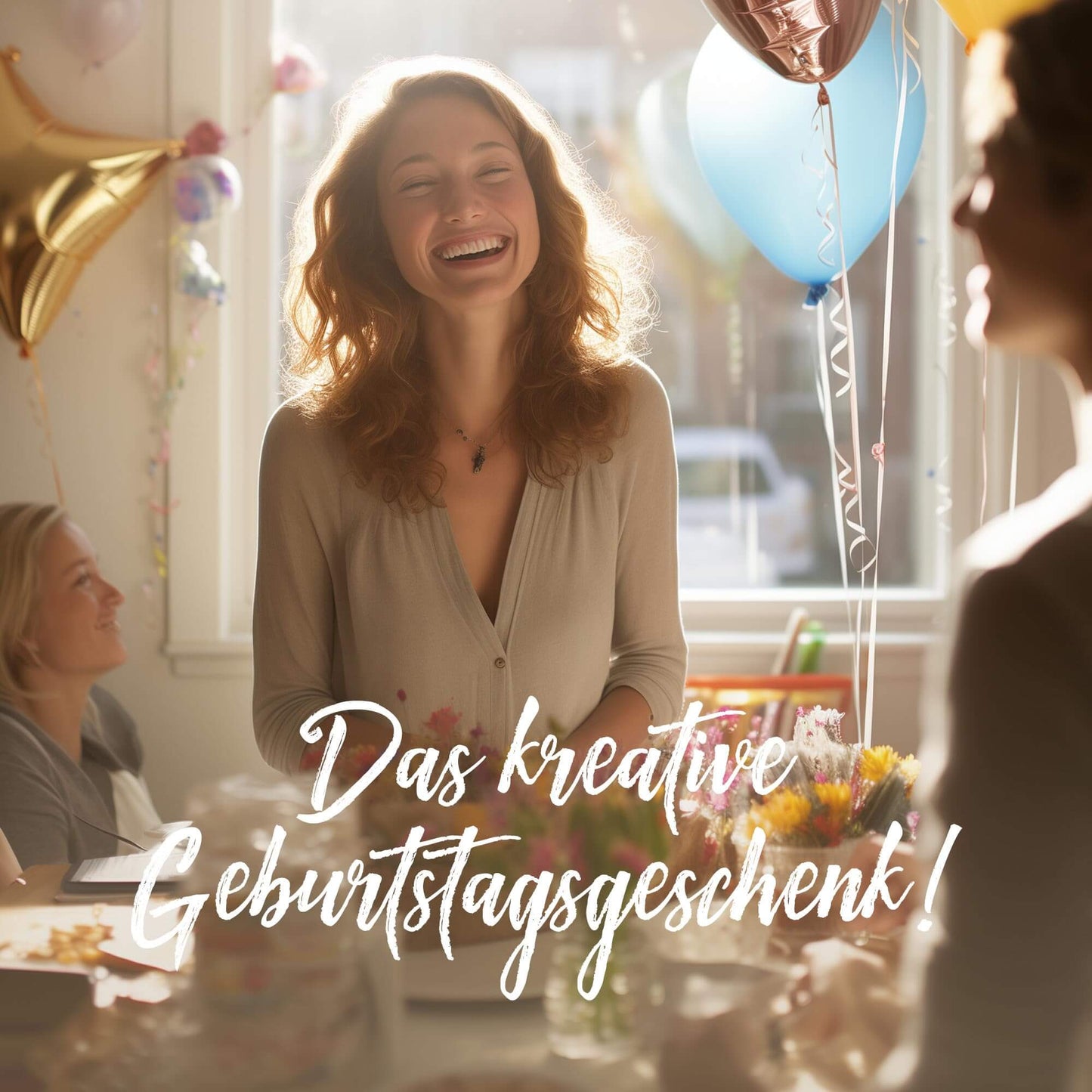 Frau lächelt während einer Geburtstagsfeier, kreative Geschenkideen im Fokus, entspannte und fröhliche Atmosphäre.