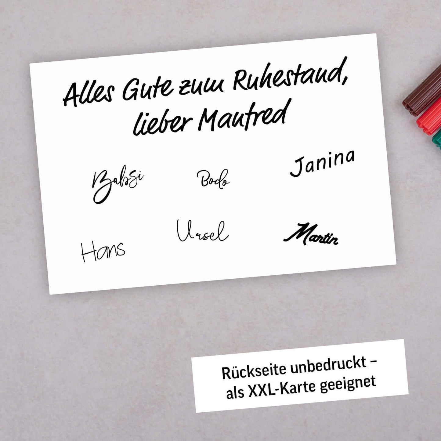 XXL Karte zum Ruhestand mit persönlichen Unterschriften und Glückwunschtext auf weißem Hintergrund.