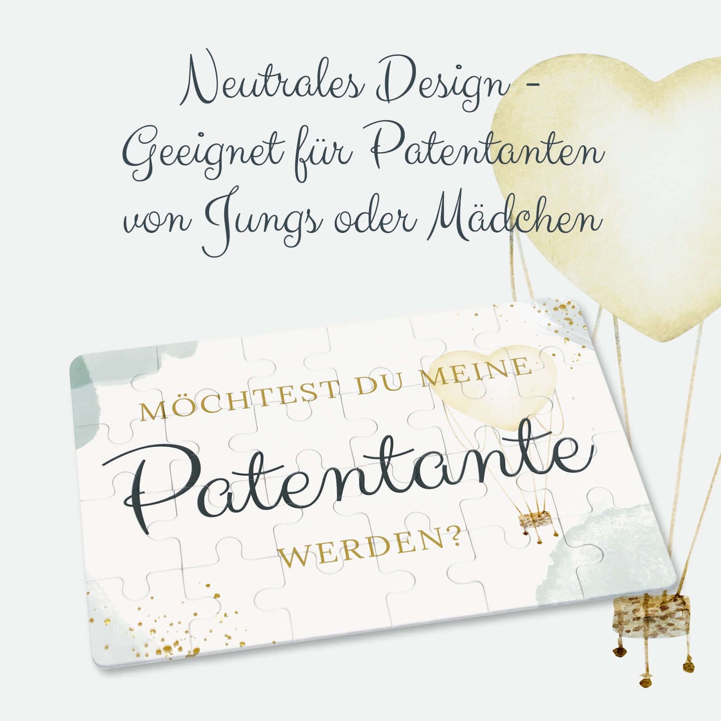 Neutrales Puzzle-Design zum Fragen der Patentante, ideal für Jungen und Mädchen.