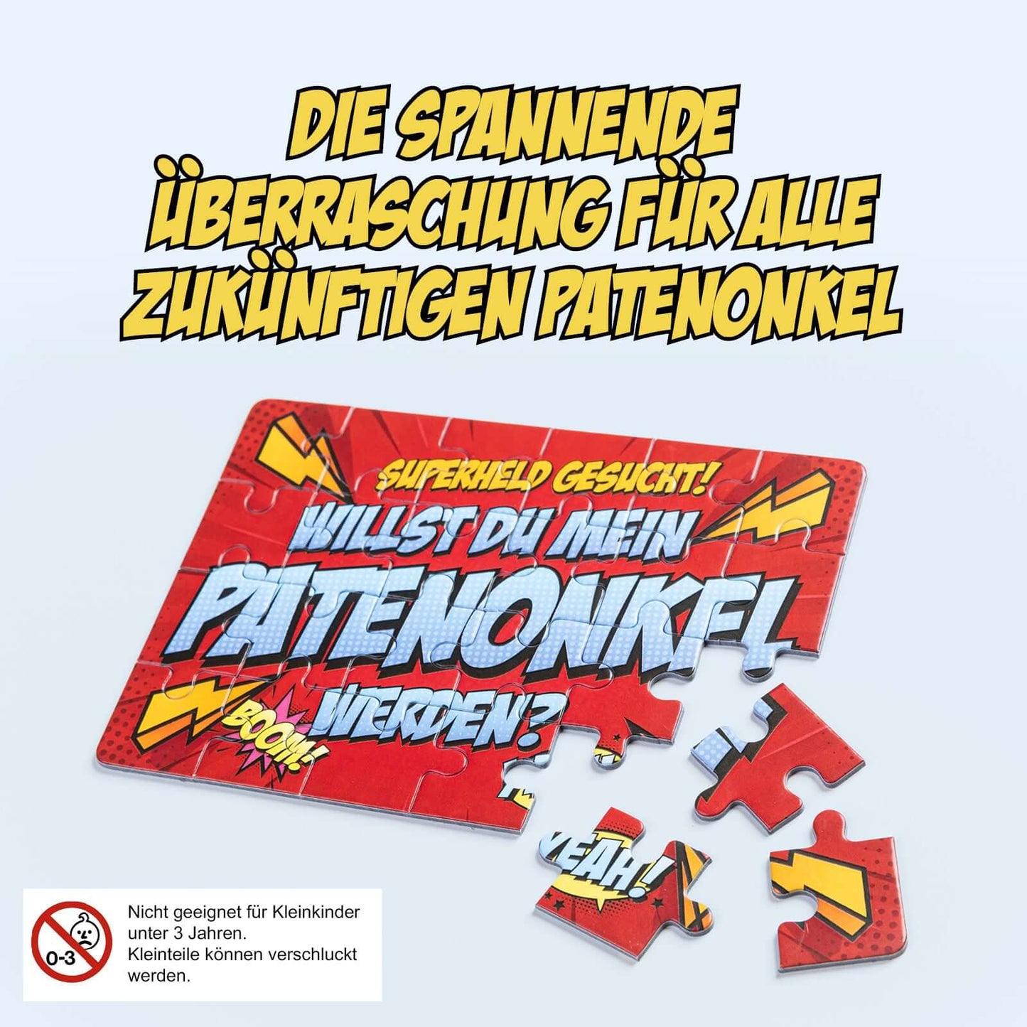 Puzzle im Superhelden Design mit Aufschrift zur Patenonkel Anfrage, 24-teilig, bunt und spannend.