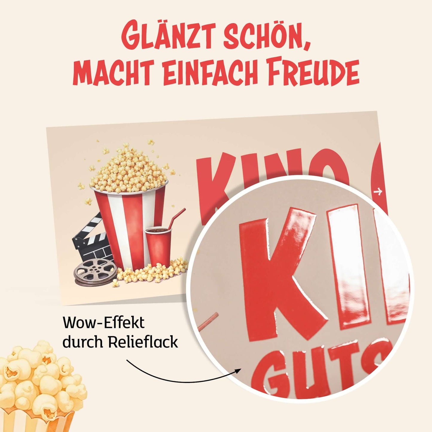 Kinogutschein mit Glanzlack und Relief, fröhliches Design mit Popcorn und Filmaccessoires