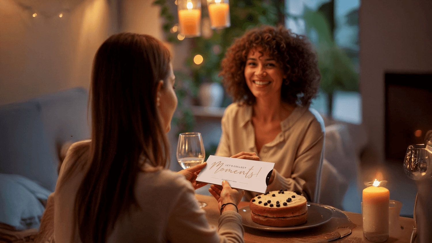 Zwei Frauen feiern einen besonderen Moment mit Geschenkgutschein und Kuchen bei Kerzenlicht.