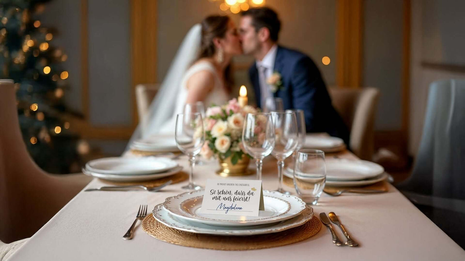 Romantische Hochzeitstafel mit stilvollen Accessoires und glücklichem Brautpaar im Hintergrund.