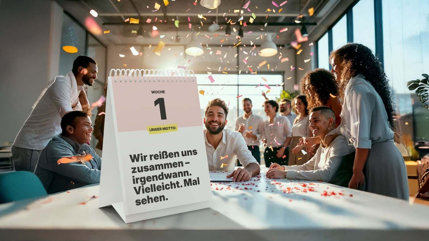 Team celebration with confetti and a calendar displaying a motivational quote in a modern office setting.