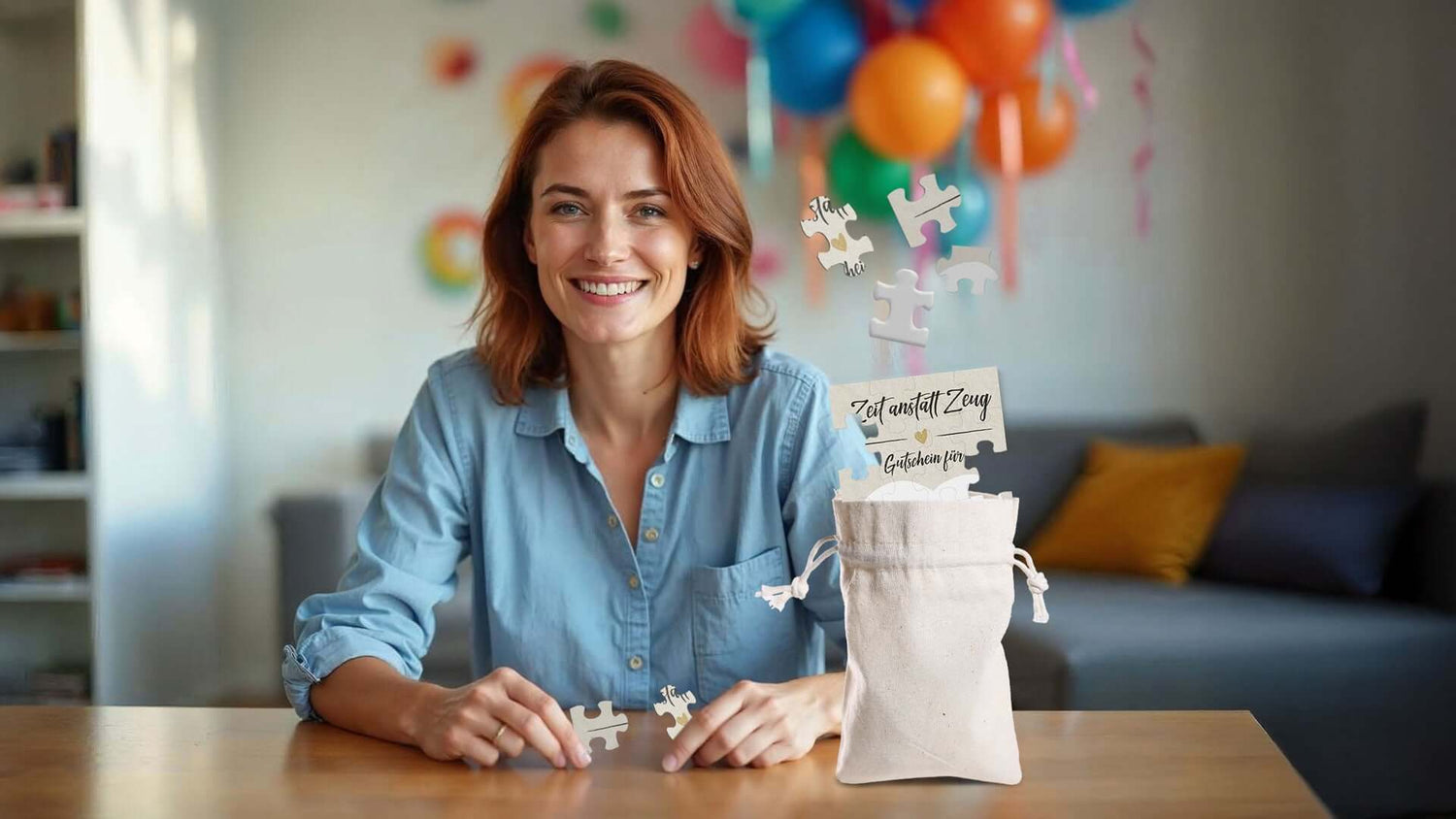 Frau lächelt mit kreativen Puzzle-Teilen aus einem Beutel, perfekte Geschenkidee für besondere Anlässe.