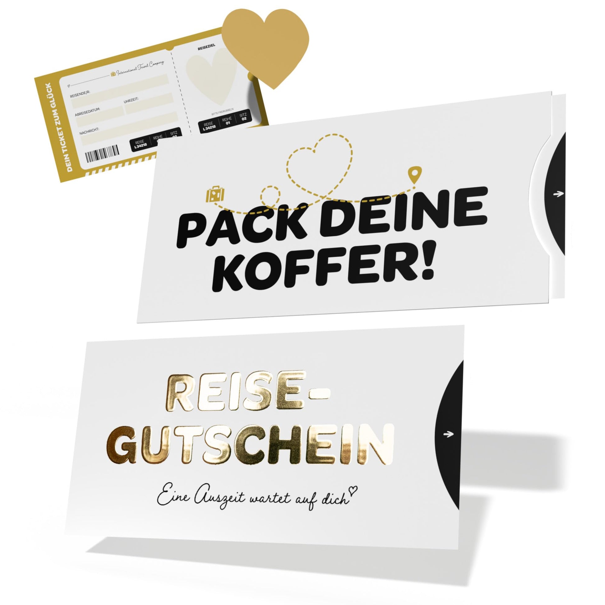 Stilvoller Reisegutschein im DIN lang Format mit Golddruck und lustigem Spruch "Pack deine Koffer!"