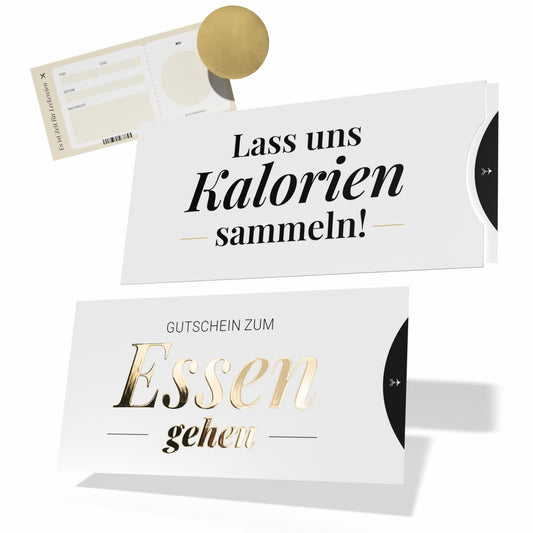 Restaurant Gutschein, Gutschein Essen gehen mit Hülle (Schuber), Karte mit Golddruck und Rubbelaufkleber, DIN lang