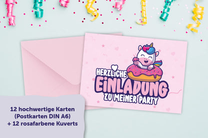 Einhorn Einladungskarten Kindergeburtstag Mädchen, 12 Karten und 12 Kuverts, DIN A6, mit Glanzlack