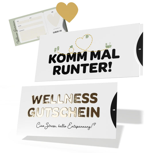 Wellness Gutschein mit Golddruck, humorvollem Spruch, und Schuber, ideal zum Verschenken.