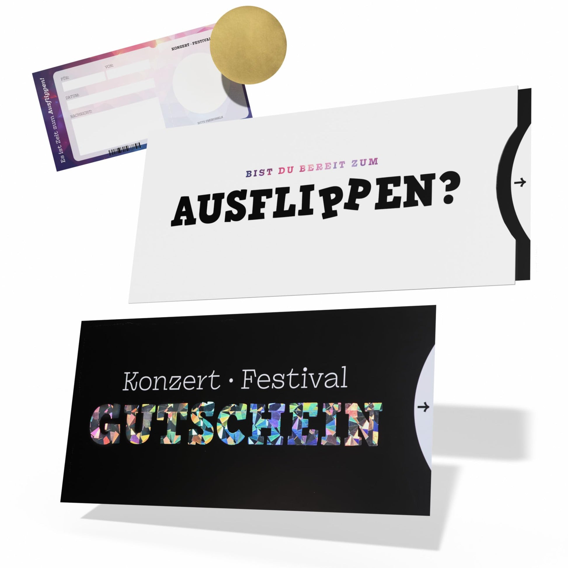 Konzert Gutschein mit Hologrammdruck und Rubbelaufkleber, eleganter Schuber für Musikfans.