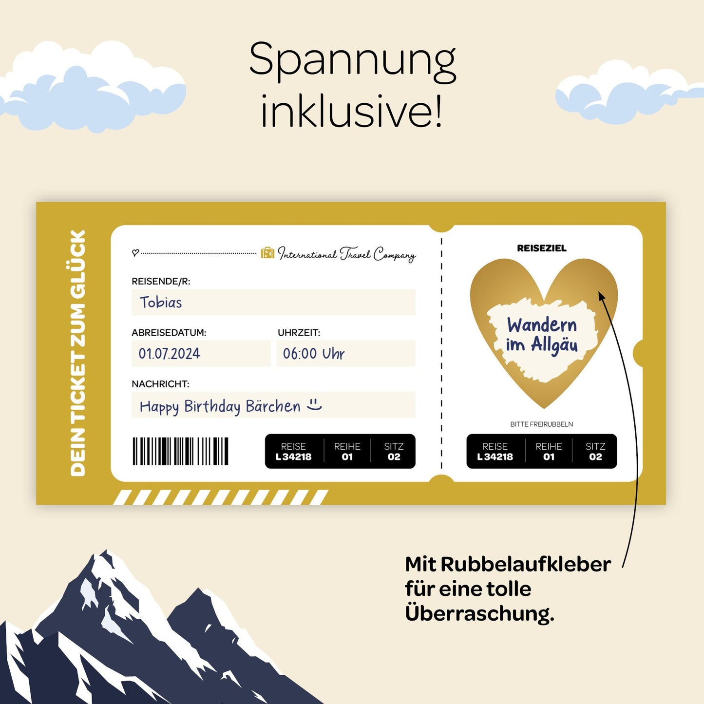 Reisegutschein mit Golddruck, Rubbelaufkleber und personalisierter Nachricht für Abenteuer und Überraschungen.