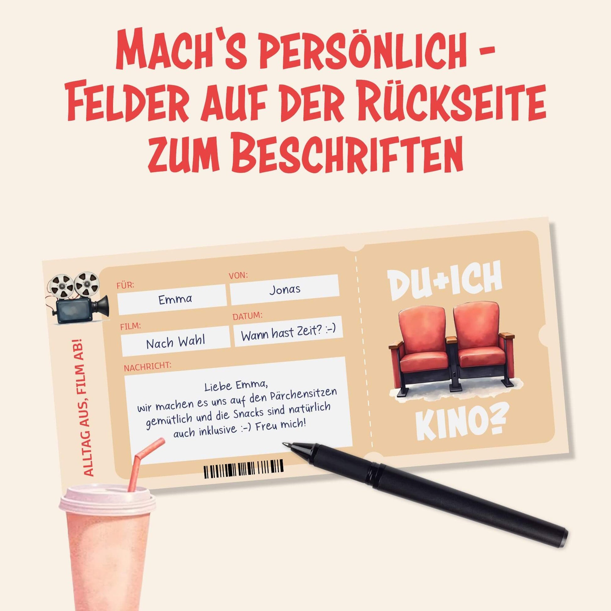Kinogutschein mit personalisierbaren Feldern, humorvollem Design und Platz für emotionale Nachrichten.