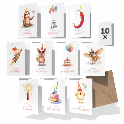 Lustige Geburtstagsklappkarten Set mit 10 witzigen Designs im DIN A6 Format, Kraftpapier Umschlag.
