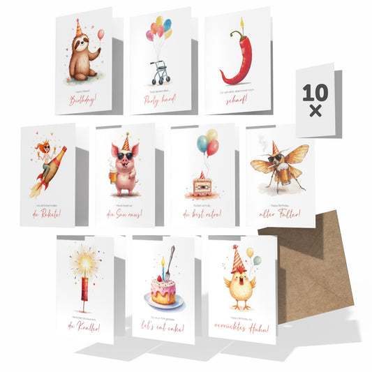 Lustige Geburtstagsklappkarten Set mit 10 witzigen Designs im DIN A6 Format, Kraftpapier Umschlag.