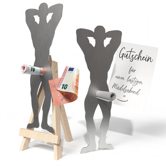 Edelstahl Mann für witzige Geldgeschenke, ideal für Gutscheine und originelle Geschenke mit erotischem Touch.
