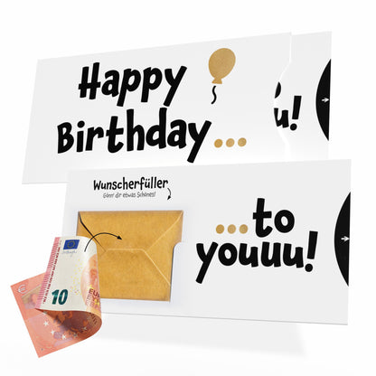 Happy Birthday Geburtstagskarte, Geldgeschenk Geburtstag, Hülle (Schuber) und goldenem Kuvert, DIN lang