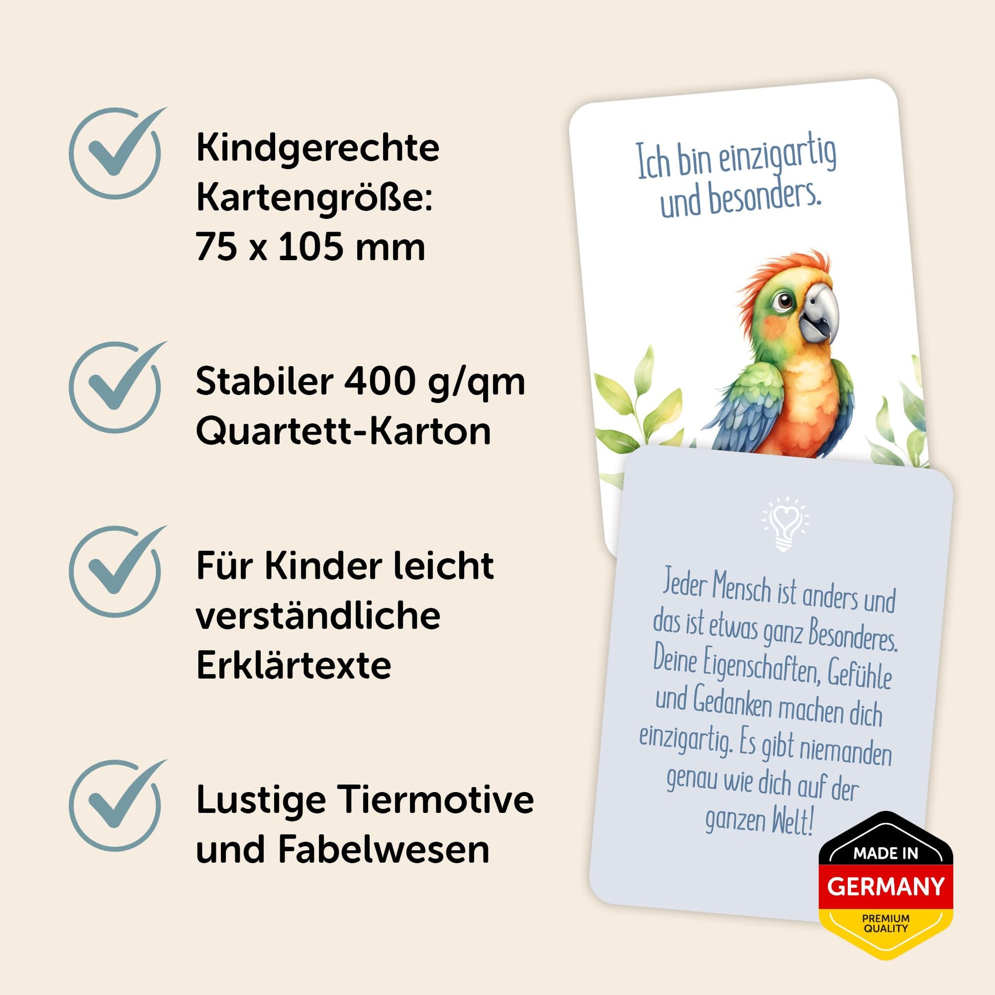 Affirmationskarten für Kinder mit lustigen Motiven, ideal zur Förderung von Selbstbewusstsein und Achtsamkeit.
