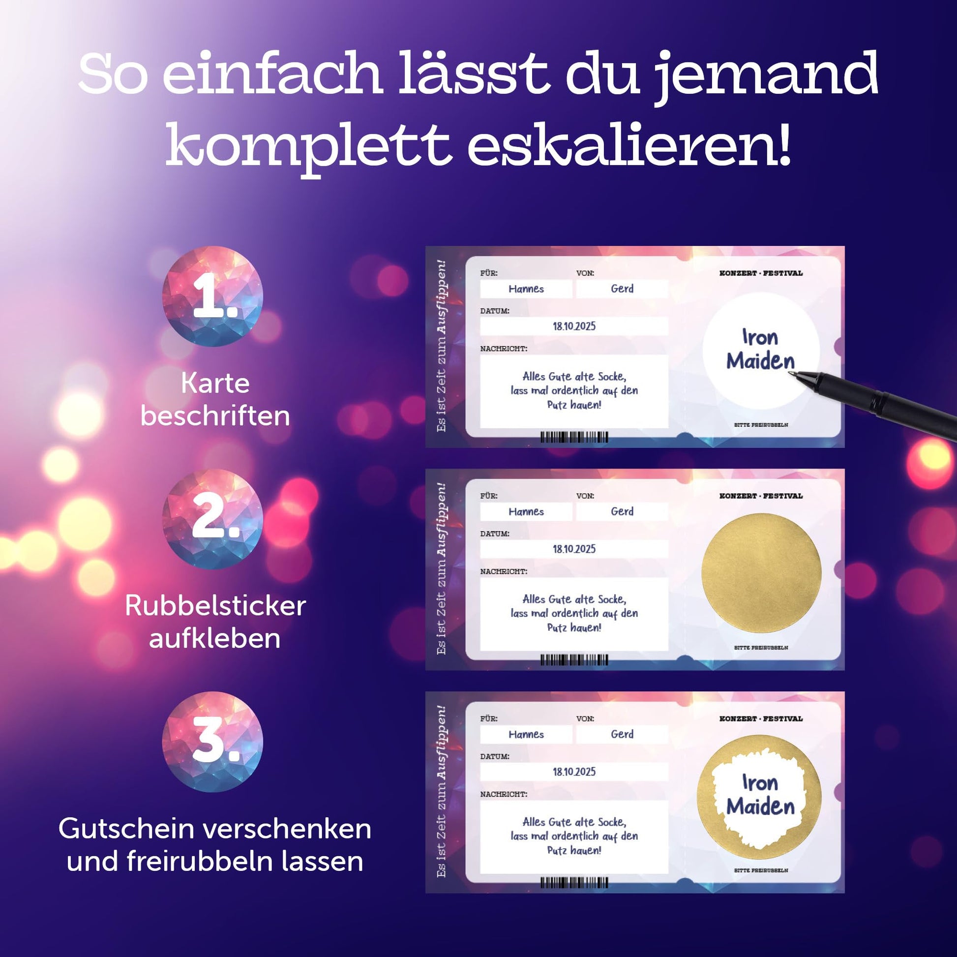 Konzert Gutschein mit Hologrammdruck: Anleitung zum Verschenken und Rubbelsticker aufkleben.