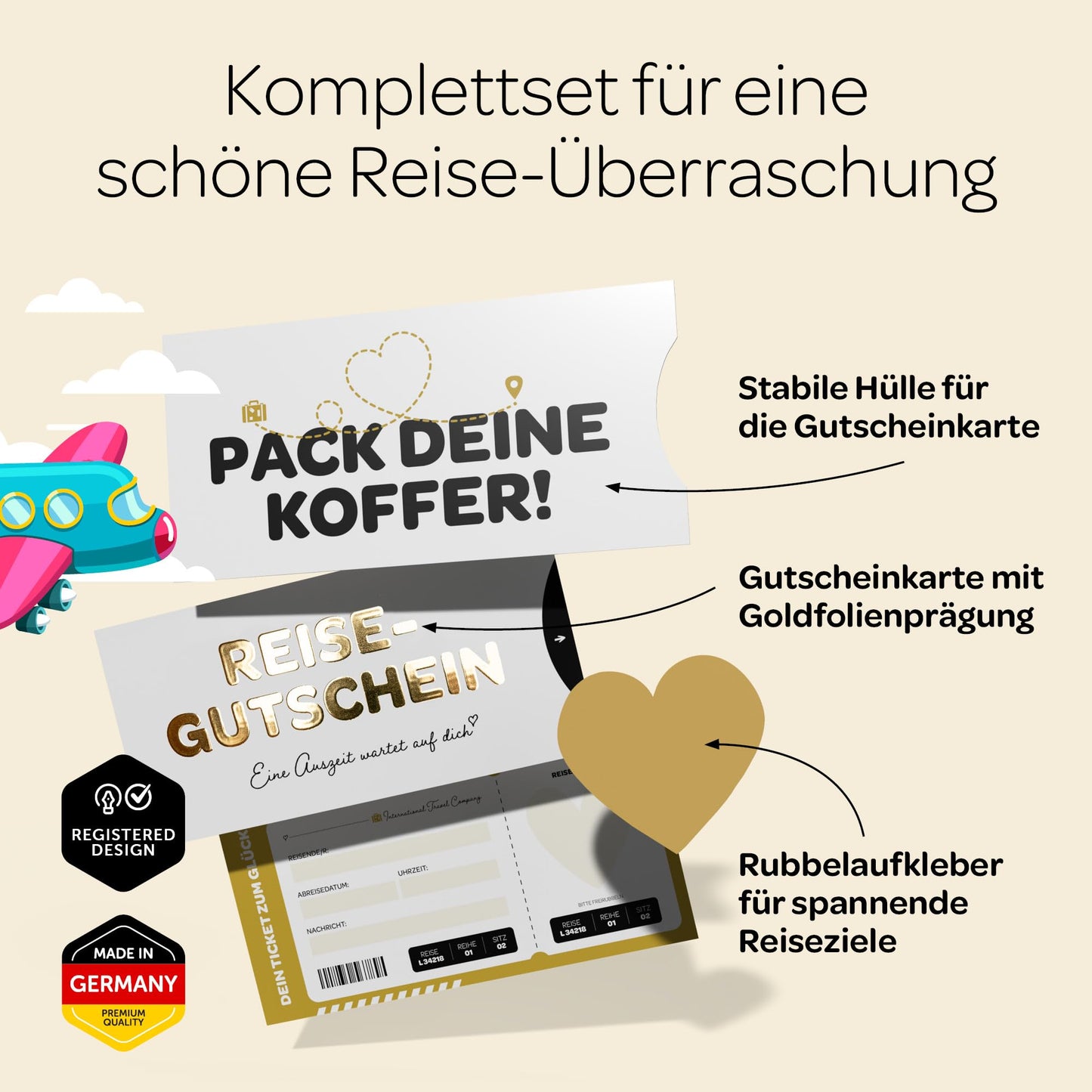 Stilvolles Reisegutschein-Set mit Golddruck und Rubbelaufkleber, ideal für Geschenke.