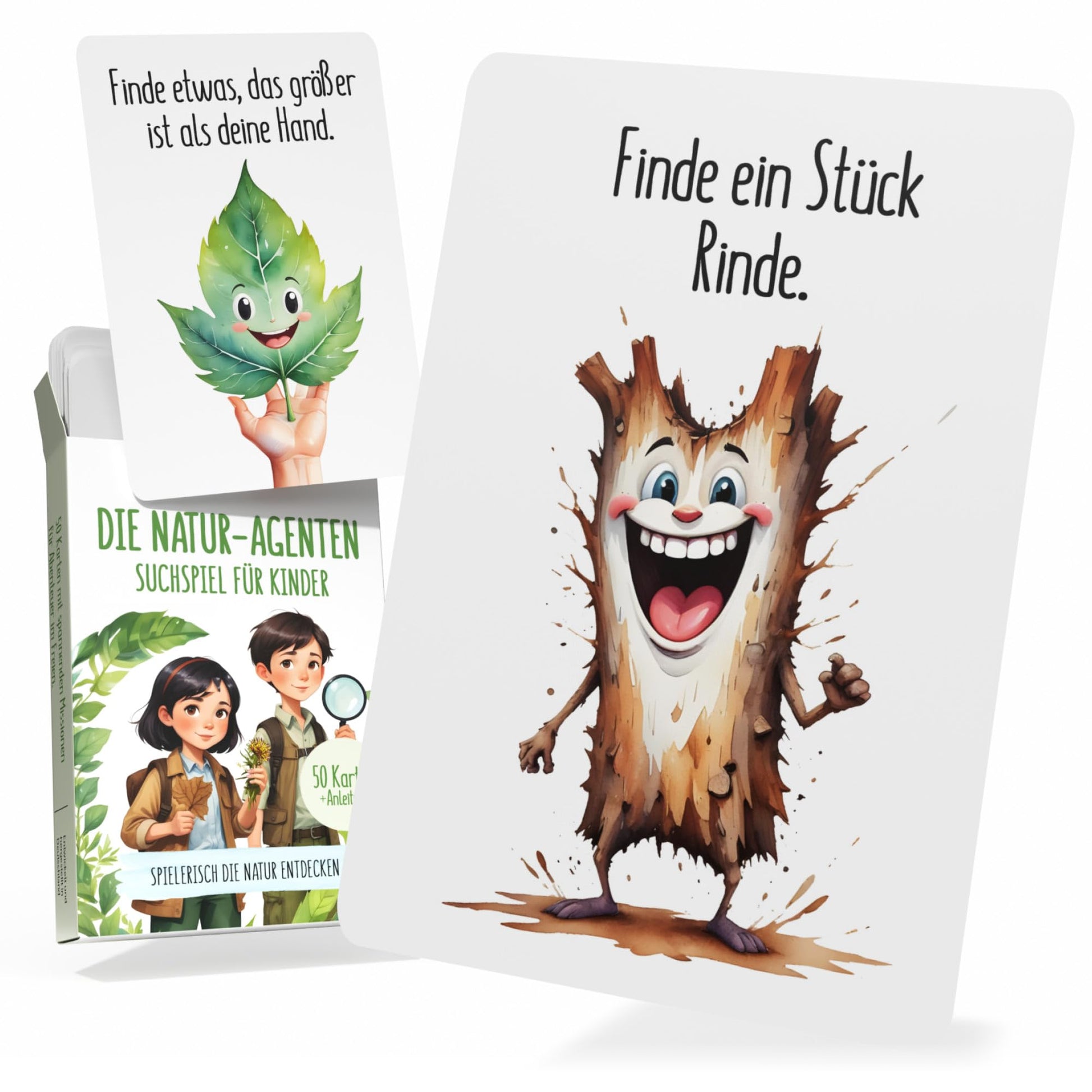 Outdoor-Suchspielkarte für Kinder mit lustigem Baum-Motiv und Anleitung zum Suchen in der Natur.