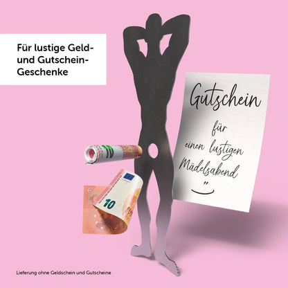 Lustige Geschenkeidee: Edelstahl Mann mit Platz für Geldscheine, ideal für Gutscheine und witzige Geldgeschenke.