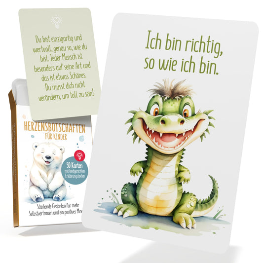 Affirmationskarten für Kinder mit einem fröhlichen Drachen und dem Text 'Ich bin richtig, so wie ich bin'.