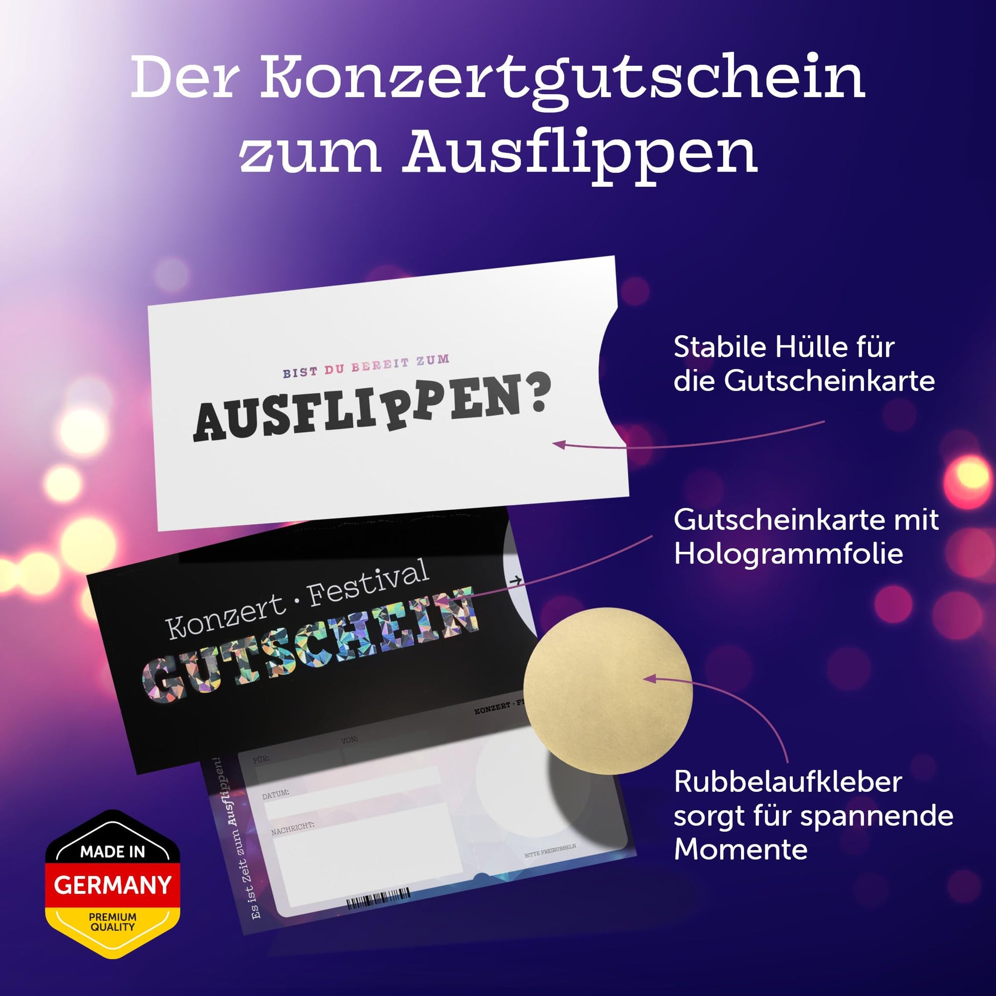 Konzert Gutschein Set mit Hologrammdruck, Rubbelaufkleber und stabiler Hülle, perfekt für Musikliebhaber.