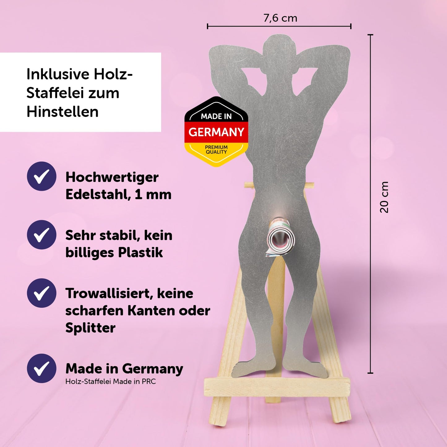 Edelstahl Mann für Geldgeschenke, inkl. Holzstaffelei, hochwertig, made in Germany, witziges Geschenk.