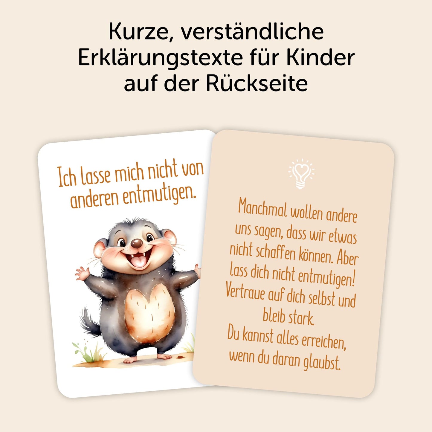 Affirmationskarte für Kinder mit lustigem Tiermotiv und verständlichem Text zur Stärkung des Selbstbewusstseins.