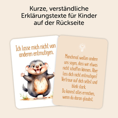 Affirmationskarte für Kinder mit lustigem Tiermotiv und verständlichem Text zur Stärkung des Selbstbewusstseins.