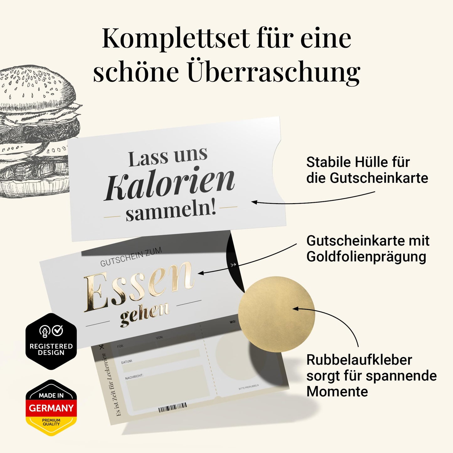 Restaurant Gutschein, Gutschein Essen gehen mit Hülle (Schuber), Karte mit Golddruck und Rubbelaufkleber, DIN lang