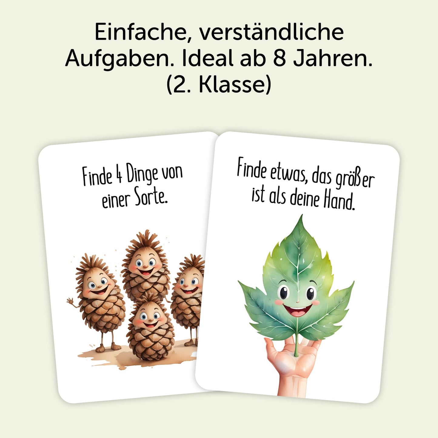 Illustration von Naturaufgaben für Kinder: Finde 4 Dinge von einer Sorte und ein Blatt, das größer ist als die Hand.