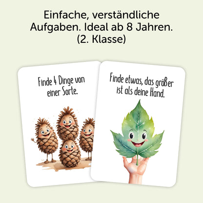 Illustration von Naturaufgaben für Kinder: Finde 4 Dinge von einer Sorte und ein Blatt, das größer ist als die Hand.