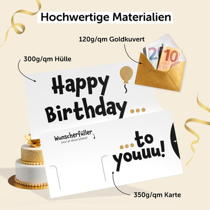 Happy Birthday Geburtstagskarte, Geldgeschenk Geburtstag, Hülle (Schuber) und goldenem Kuvert, DIN lang