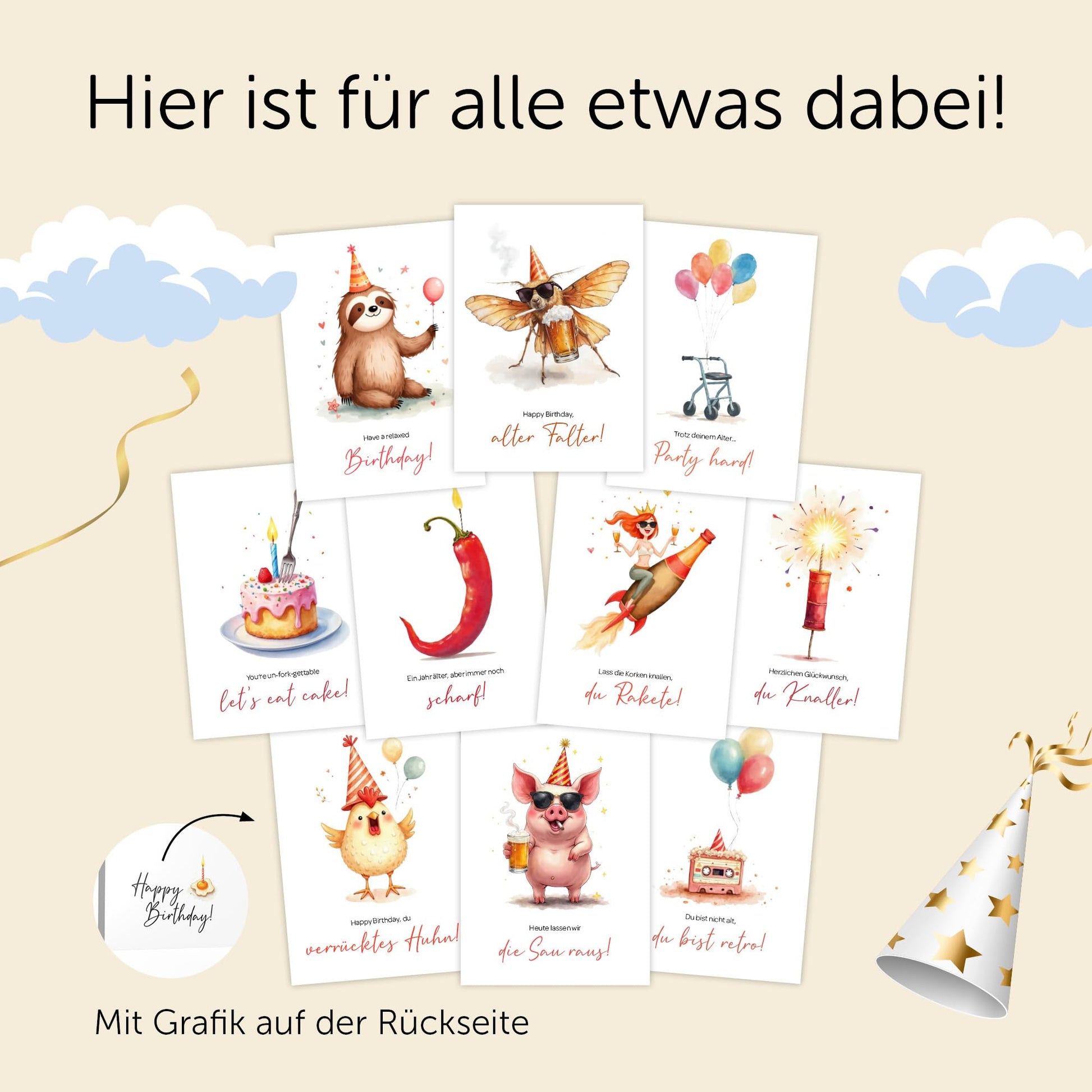 Lustige Geburtstagskarten Set mit 10 witzigen Designs in DIN A6 Format für unvergessliche Glückwünsche.