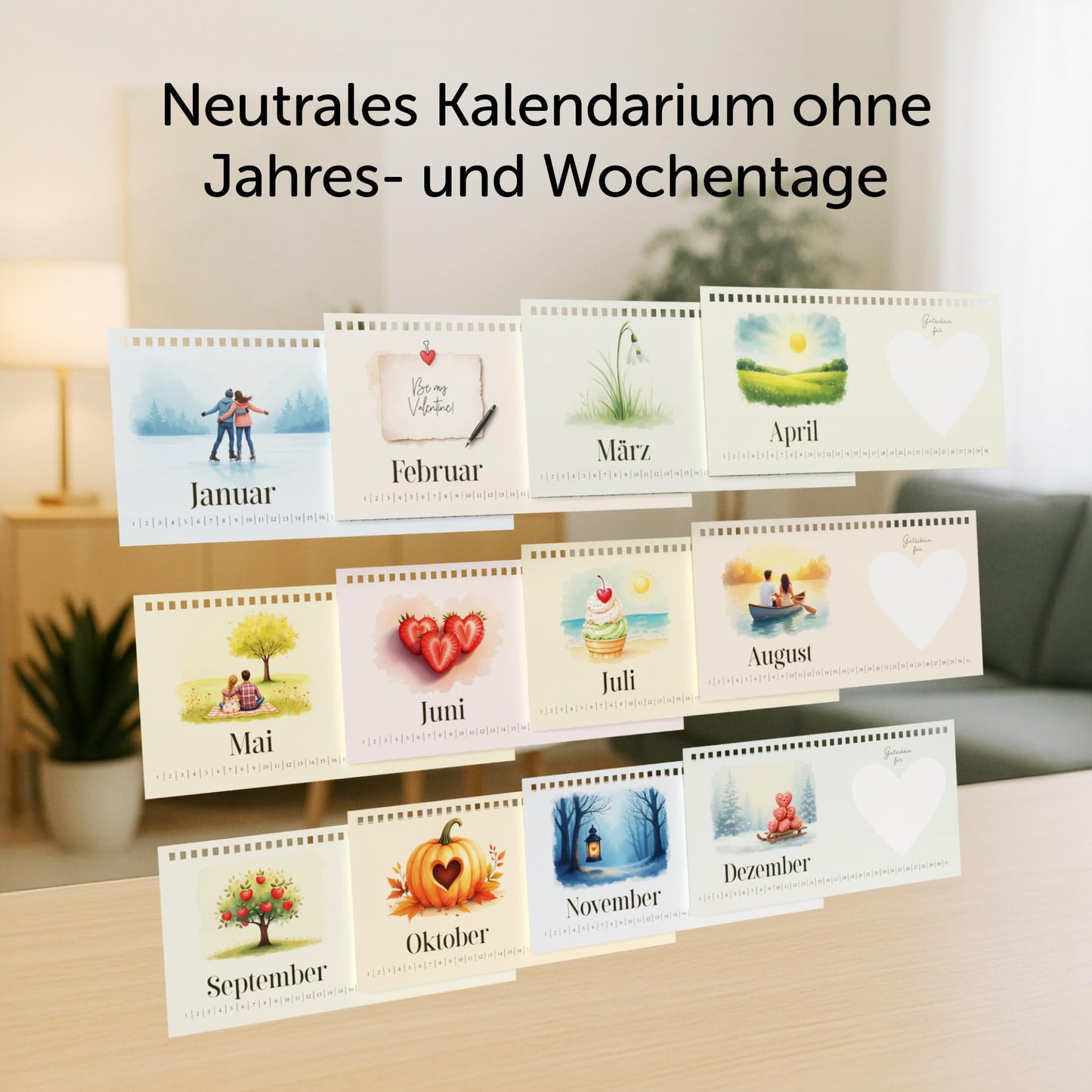 Geschenk für Partner, Gutscheinkalender mit Rubbelaufkleber für 12 Überraschungen, neutrales Kalendarium, DIN lang