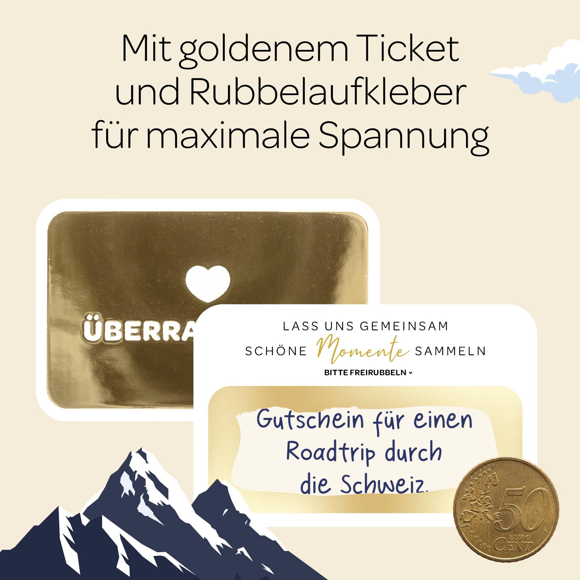 Geschenkgutschein für einen Roadtrip in der Schweiz mit goldenem Ticket und Rubbelaufkleber.