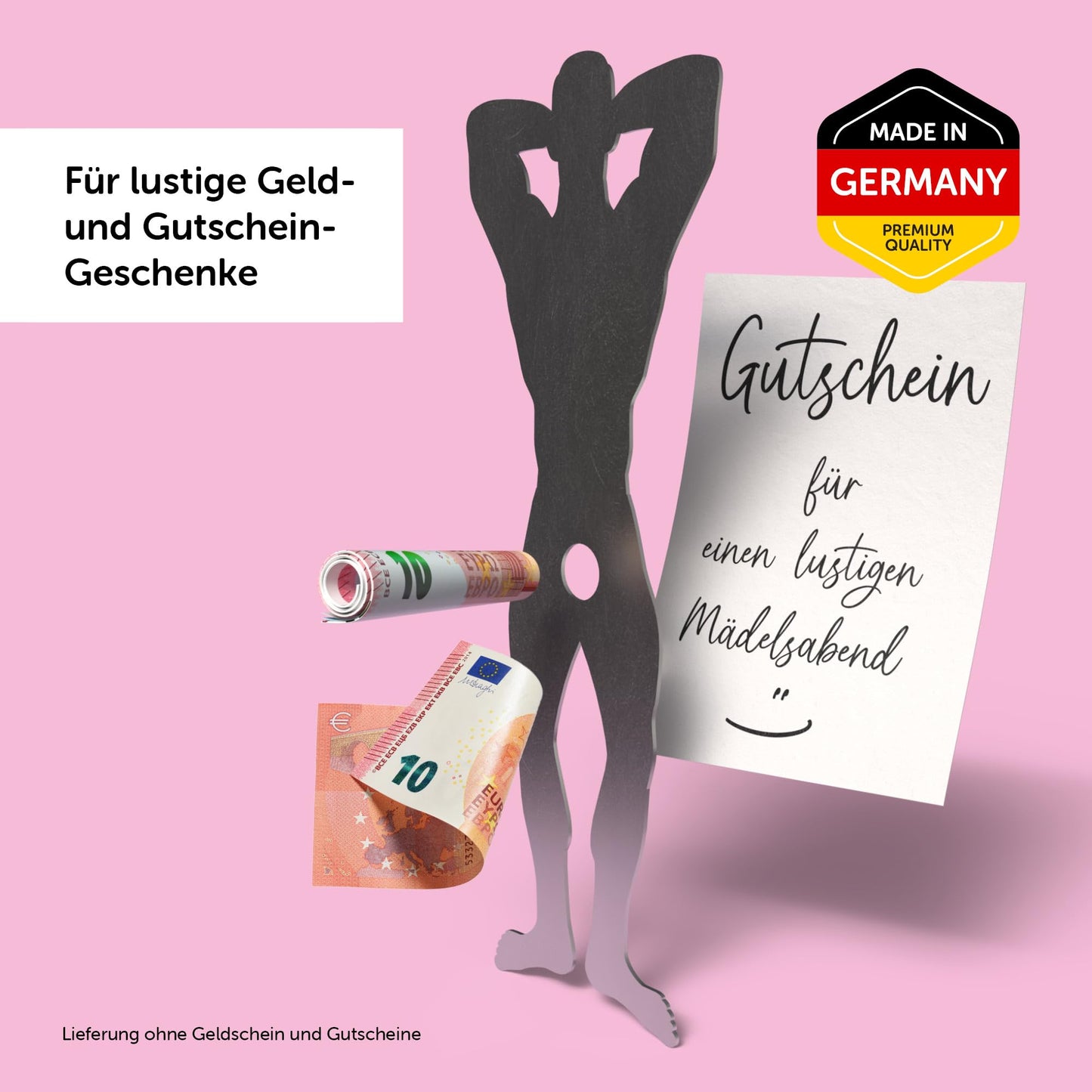 Edelstahl Mann für witzige Geldgeschenke in deutscher Qualität, ideal für Gutscheine und Mädelsabende.