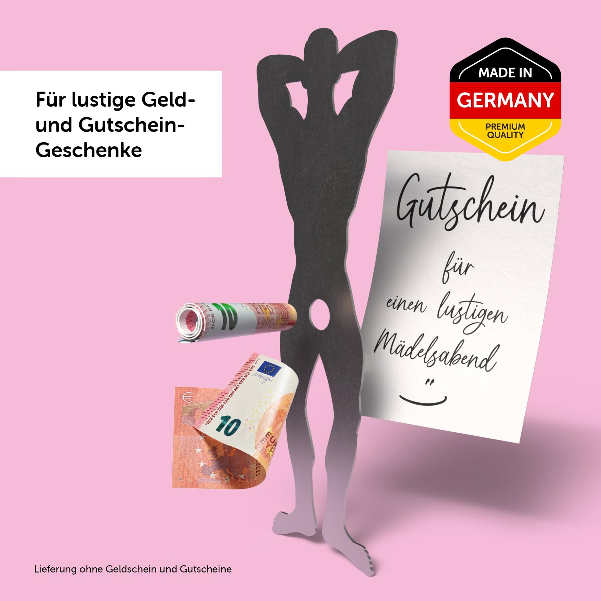 Edelstahl Mann für witzige Geldgeschenke in deutscher Qualität, ideal für Gutscheine und Mädelsabende.
