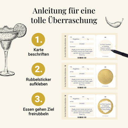 Restaurant Gutschein, Gutschein Essen gehen mit Hülle (Schuber), Karte mit Golddruck und Rubbelaufkleber, DIN lang