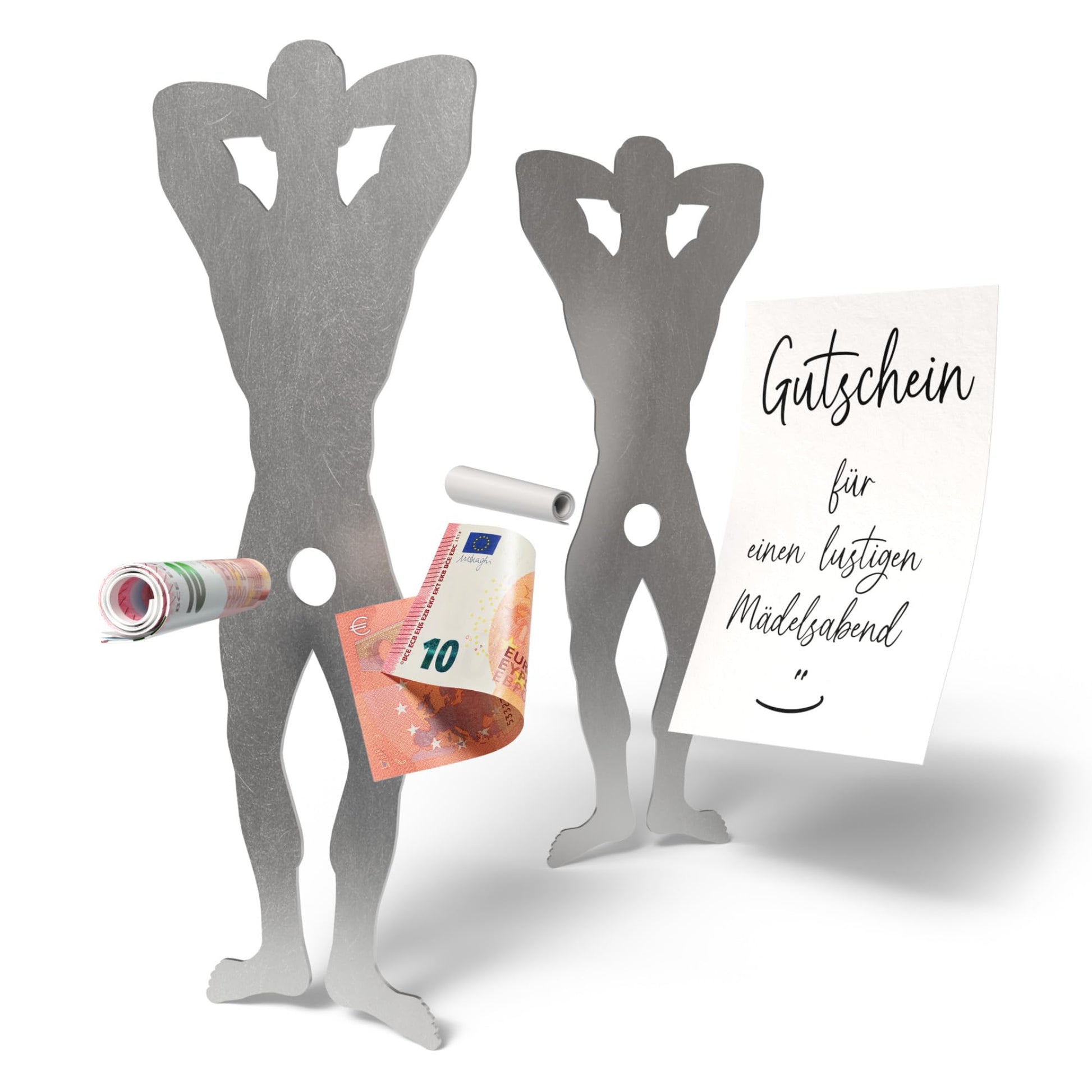 Witziges Edelstahl-Mann Geschenk für Geldgeschenke und Gutscheine, ideal für Junggesellinnenabschiede.