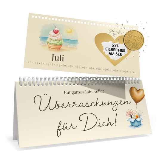 Geschenk für Partner, Gutscheinkalender mit Rubbelaufkleber für 12 Überraschungen, neutrales Kalendarium, DIN lang