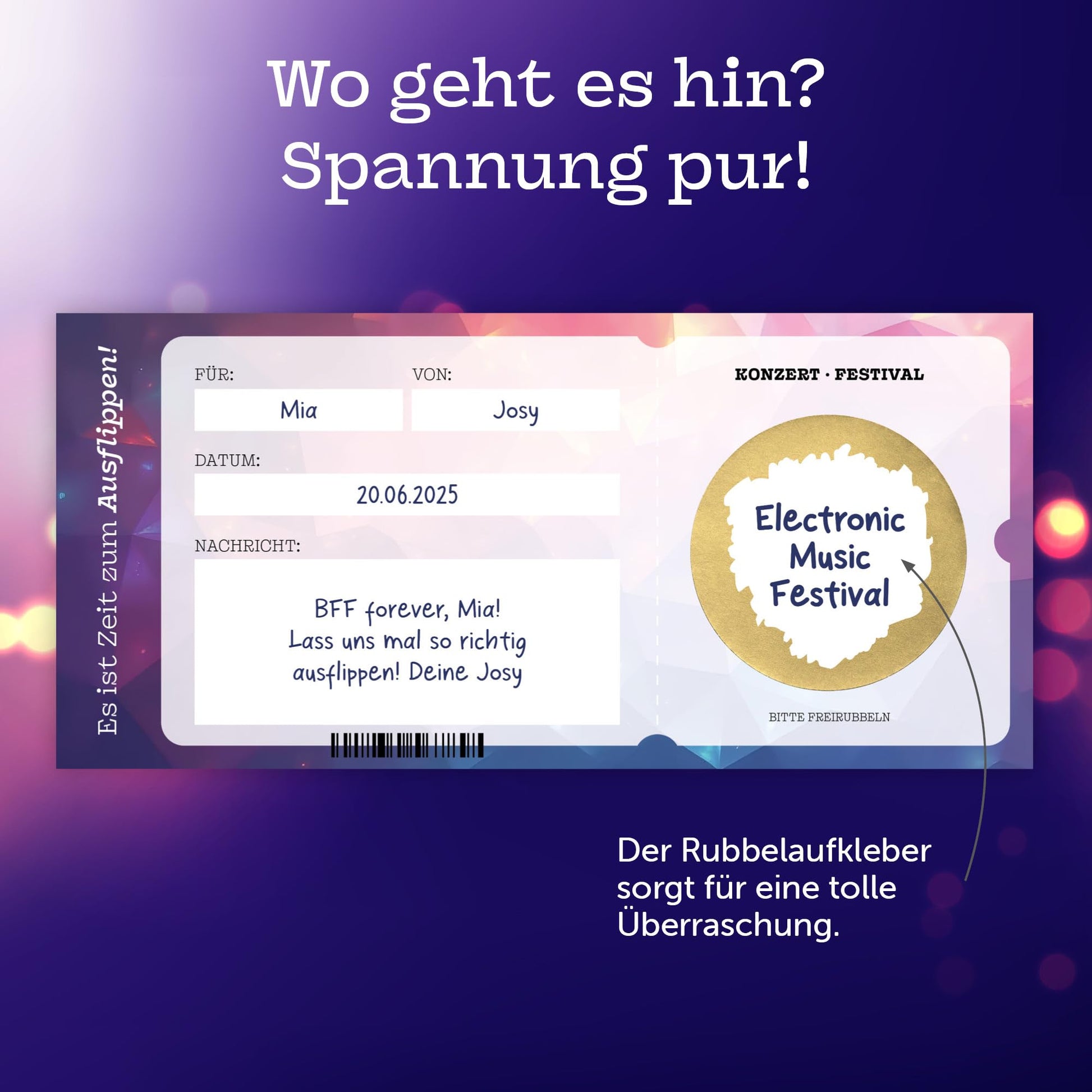 Konzert Gutschein im eleganten Design mit Hologrammdruck für das Electronic Music Festival.
