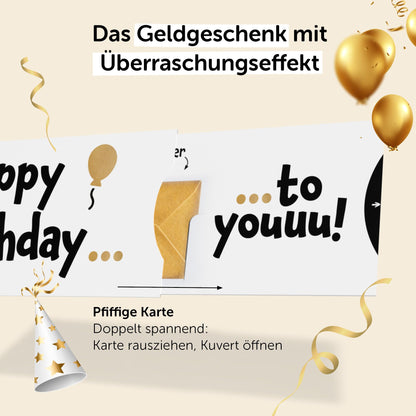 Happy Birthday Geburtstagskarte, Geldgeschenk Geburtstag, Hülle (Schuber) und goldenem Kuvert, DIN lang