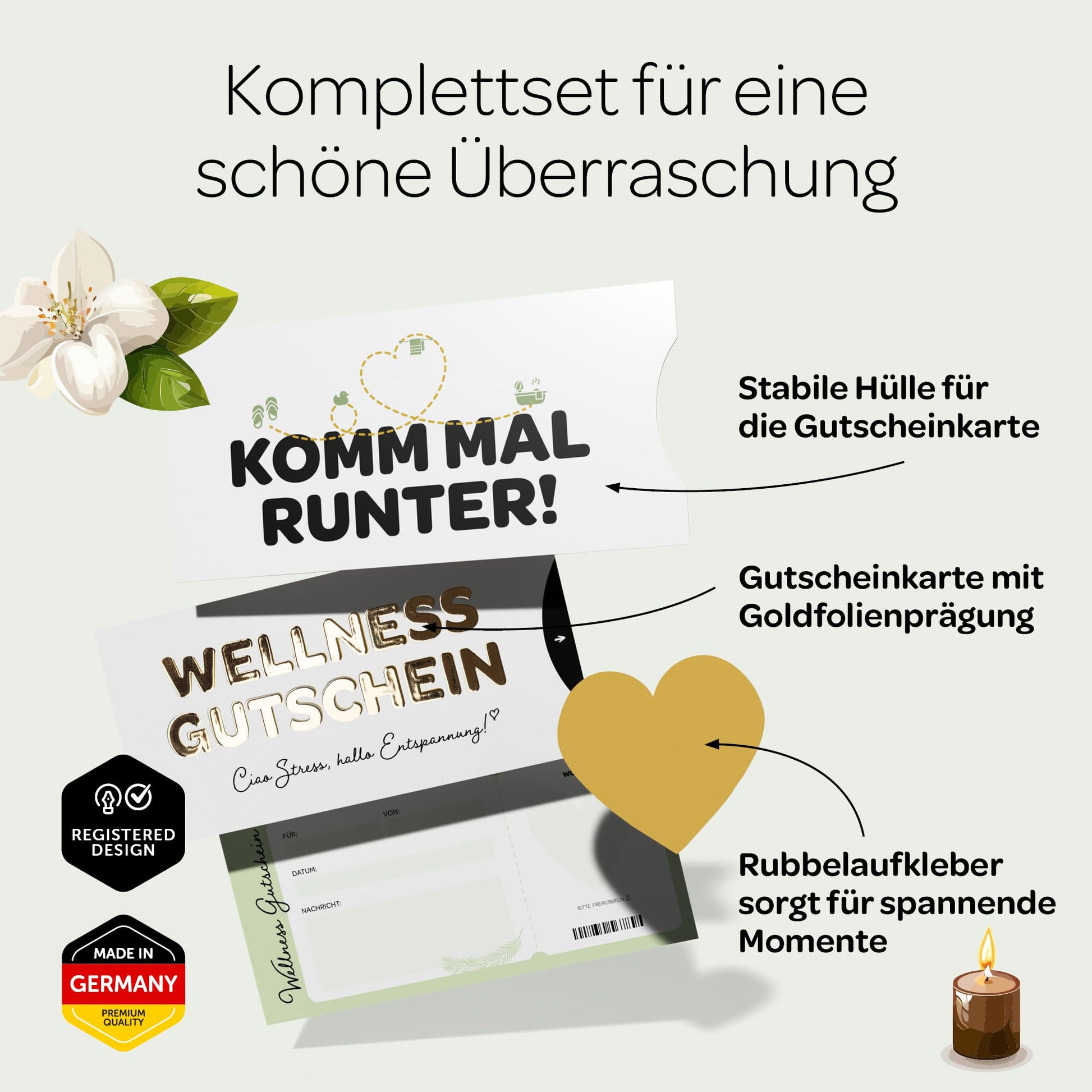 Wellness Gutschein Set mit Golddruck, Schuber und Rubbelaufkleber für besondere Anlässe.